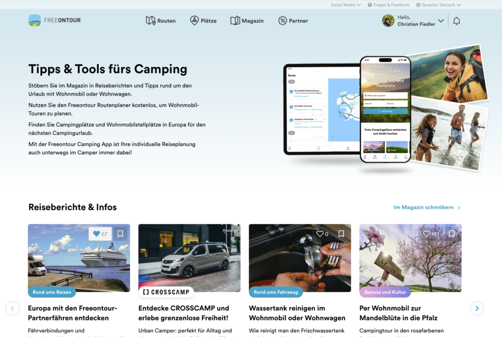 Freeontour Routenplanungs Portal für Camper und Wohnmobilreisende